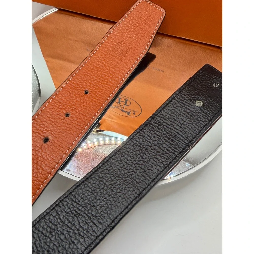 Hermes Reversible Belt Strap Black Orange Togo Epsom Leather 125cm France
